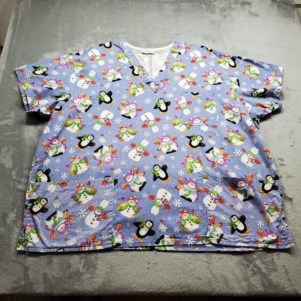 Snowman and Penguin Holiday Graphics V-neck Scrub Top 2 Pockets Blue Wm Sz 3XL